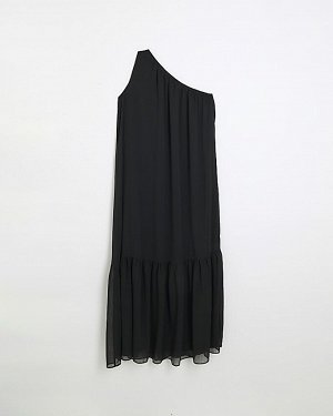 Черное шифоновое платье макси на одно плечо