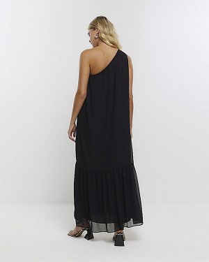 Черное шифоновое платье макси на одно плечо