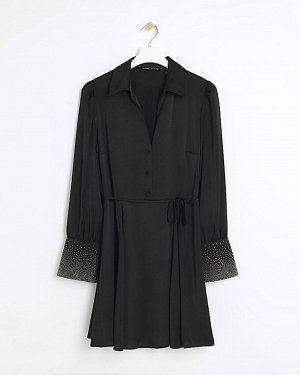 Черное платье-рубашка мини со стразами и манжетами