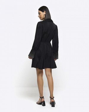 Черное платье-рубашка мини со стразами и манжетами