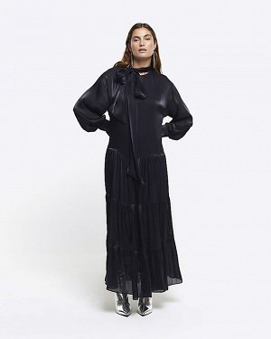 Черное ярусное платье макси RI Studio с завязками на воротнике