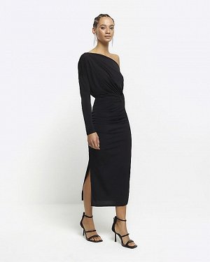 Черное облегающее платье миди с открытыми плечами