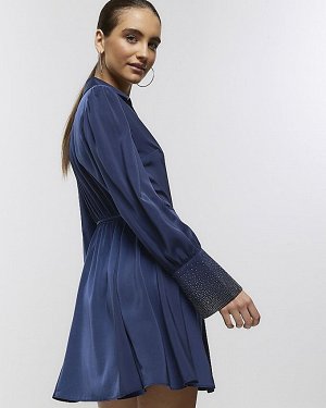 Темно-синее платье-рубашка мини с манжетами со стразами