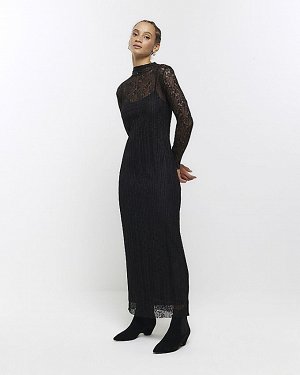 Черное кружевное платье-комбинация миди
