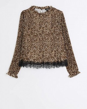 Коричневая блузка с леопардовым принтом и складками