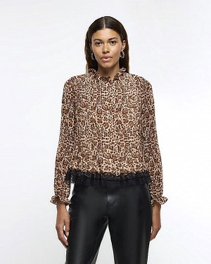 Коричневая блузка с леопардовым принтом и складками
