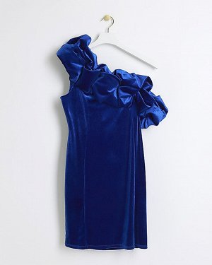 Синее бархатное облегающее платье мини с открытыми плечами