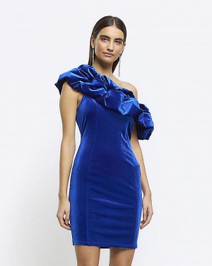 Синее бархатное облегающее платье мини с открытыми плечами