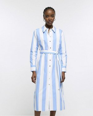 Синее полосатое платье-рубашка миди с завязкой на талии