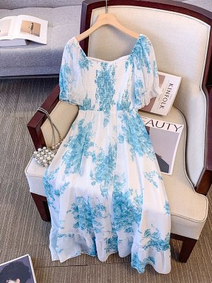 Женское платье, цвет белый/синий, с принтом