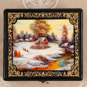 Шкатулка - сундук «Деревня у ручья», лаковая миниатюра, 22х22х11,5 см