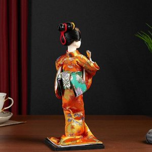 Кукла коллекционная "Гейша в оранжевом кимоно с веером" 22,5 см