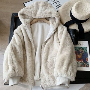Зимняя двусторонняя куртка с капюшоном, с искусственным мехом, свободного кроя, молочный