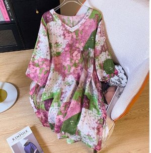 Платье-туника с цветочным принтом из хлопка и льна с v-образным вырезом, как на фото
