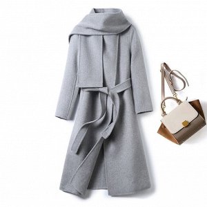 Осенне-весеннее шерстяное пальто с шарфом и воротником-стойкой, серый