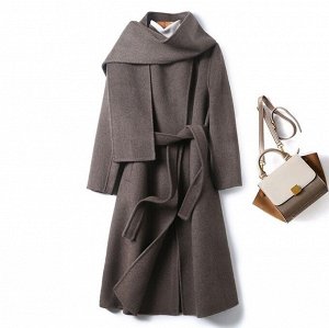 Осенне-весеннее шерстяное пальто с шарфом и воротником-стойкой, коричневый