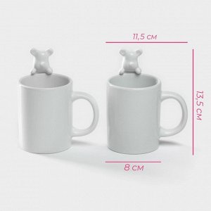 Кружки Доляна «Мишка Отто», 290 мл, 11.5x8x13.5 см, набор 2 шт., доломит, белые