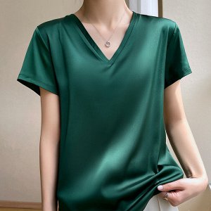 Женская блуза с короткими рукавами и V-образным вырезом, темно-зеленый