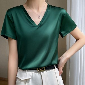 Женская блуза с короткими рукавами и V-образным вырезом, темно-зеленый