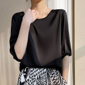 Шелковая блуза с рукавом две четверти, черный