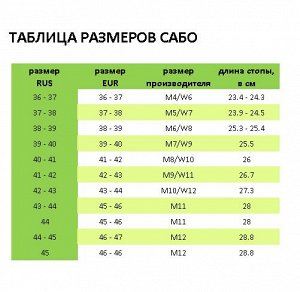 Сабо Цвет: светло-фиолетовый

Состав подошвы: 100% термопласт (ЭВА)
Состав верхней части: 100% термопласт (ЭВА)

Рядом с размерами производителя, в скобках, указаны росссийские размеры. Более подробна