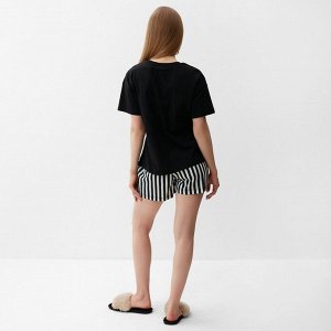 Комплект женский домашний (футболка,шорты), цвет черно-мятная полоска
