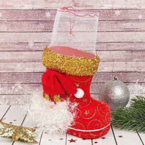 Подарочная упаковка "Сапожок" красный с Дедом Морозом и завязками
