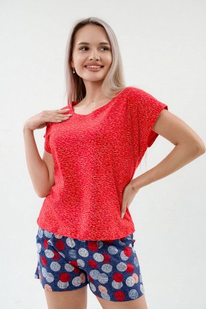Пижама женская из футболки и шорт из кулирки Алиса березка красный