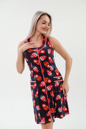 Халат женский из интерлока Матрешка на темно-синем