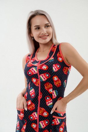 Халат женский из интерлока Матрешка на темно-синем