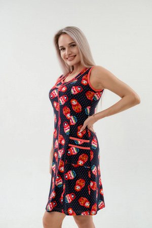 Халат женский из интерлока Матрешка на темно-синем