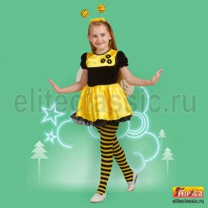 Пчелка Карнавальный костюм для любого костюмированного праздника в детском саду, на новый год и прочих мероприятий. В комплект входят жёлто-чёрное платье, ободок с рожками, чулки и крылья. Производите