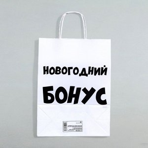 Пакет бумажный подарочный новогодний крафт «Новогодний бонус», белый, 28 х 24 х 14 см. Новый год