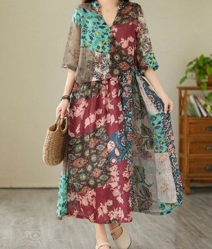 Платье летнее с v-образным вырезом из хлопка и льна с цветочным принтом, как на фото