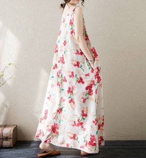 Сарафан в стиле бохо в пол из хлопка и льна с цветочным принтом, как на фото