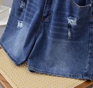 Шорты джинсовые "рваные", пояс на резинке, синий