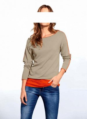 1к Heine  Пуловер, бежево-оранжевый  Натуральность и элегантность! Красивый пуловер с контрастами. Широковатые плечи и элегантный структурный кант. Круглый вырез горловины. Длина ок. 68 см. Мягкий мат
