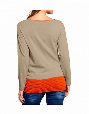 1к Heine  Пуловер, бежево-оранжевый  Натуральность и элегантность! Красивый пуловер с контрастами. Широковатые плечи и элегантный структурный кант. Круглый вырез горловины. Длина ок. 68 см. Мягкий мат
