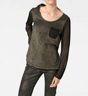 1r Блузка, черно-золотистая Rick Cardona Необычный дизайн привлекательной блузки в стиле пэчвок с эффектными деталями и золотистым переливом спереди притягивает внимание. Контрастный нагрудный карман,