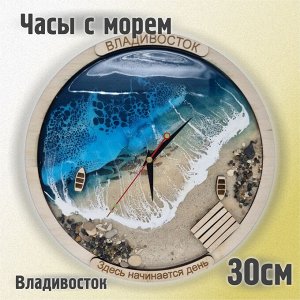 Часы  настенные из дерева с морем из эпоксидной смолы