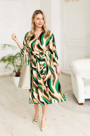 Платье женское летнее на запах с рукавом 3/4 цвет Бежевый, зеленый