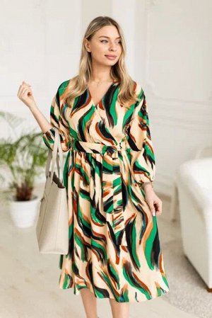 Платье женское летнее на запах с рукавом 3/4 цвет Бежевый, зеленый