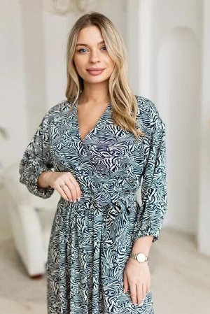 Платье женское летнее на запах с рукавом 3/4 из вискозы цвет Синий, бежевый