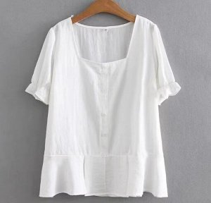 Блуза с квадратным вырезом, подол -баска, рукав фонарик, белый