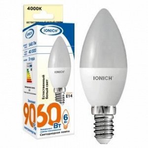 Лампа светодиодная IONICH "свеча" C37 6Вт 4000К Е14