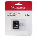 Micro SD карта памяти Trannscend 64GB 300S UHS-1U1+SD адаптер