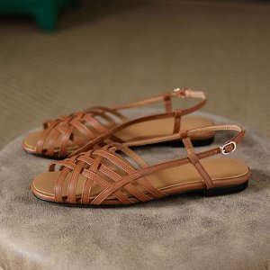 Плетеные сандалии на низком каблуке, коричневый