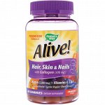 Natures Way, Живой! Для волос, кожи и ногтей с коллагеном, Со вкусом клубники, 60 жевательных таблеток