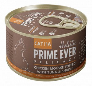 Prime Ever 1A Delicacy Мусс цыпленок с тунцом и креветками влажный корм для кошек жестяная банка 0,08 кг