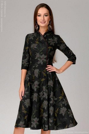 Платье черное с цветочным принтом и воротником-стойкой